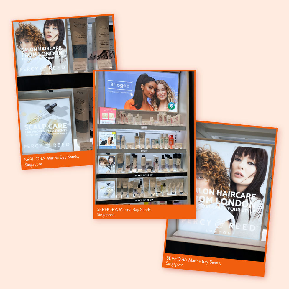 A collage of images displaying instore POS for Percy & Reed products in Sephora