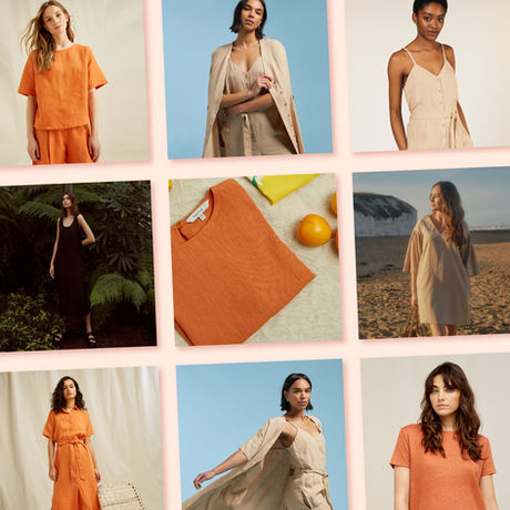 A collage of People Tree linen campaign images