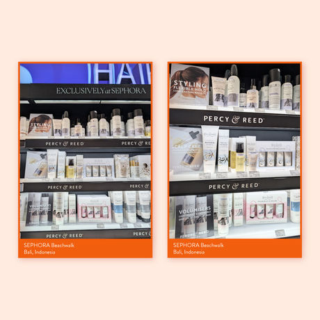 A collage of Percy & Reed instore displays in Sephora.