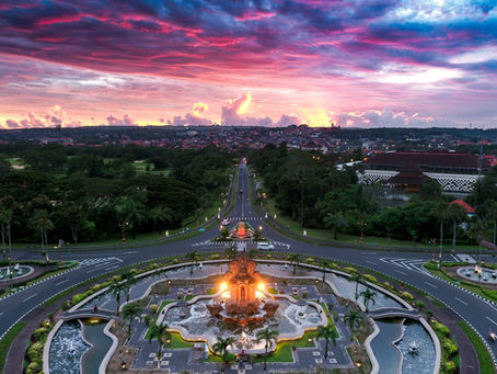 Aerial view of ITDC Nusa Dua captured by drone, showcasing lush landscapes, luxury resorts, clean pathways, and pristine beachfront within Bali’s premier tourism complex.