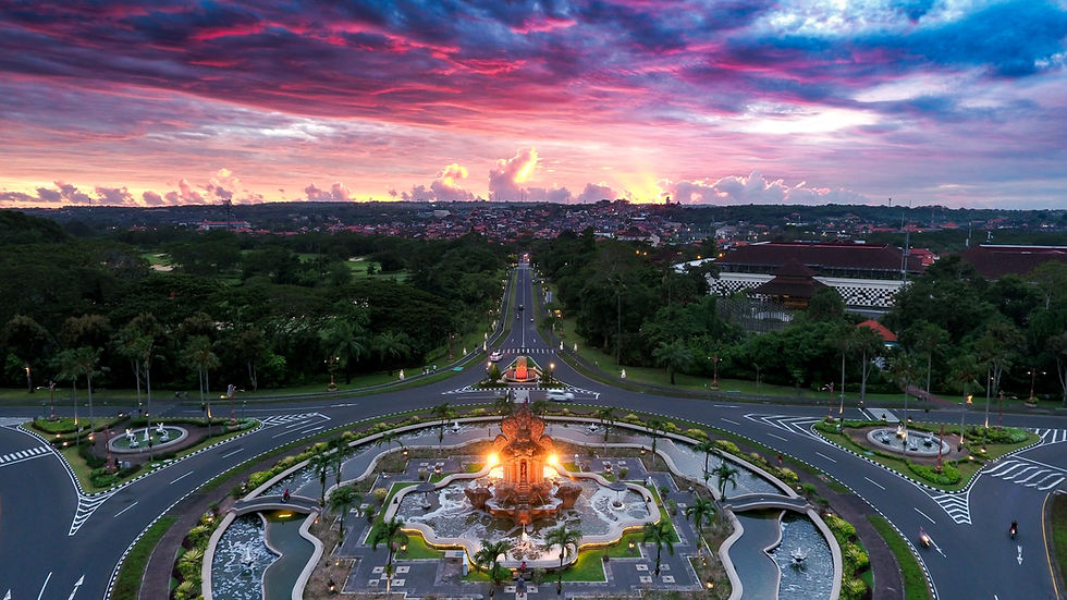 Aerial view of ITDC Nusa Dua captured by drone, showcasing lush landscapes, luxury resorts, clean pathways, and pristine beachfront within Bali’s premier tourism complex.