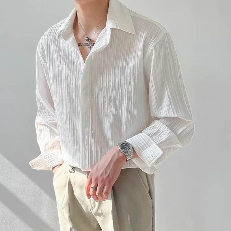 Wholesale Men's New Arrival Solid Color Casual Shirt Pleated Style Long Sleeve L