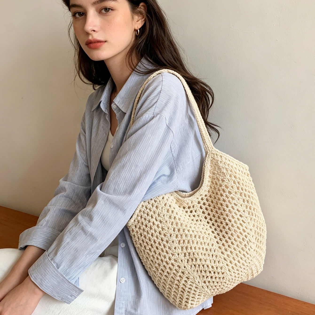 Strandtaschen für Damen - Damen-Strandtasche, Sommer-Mesh-Hohlstrohtasche für
