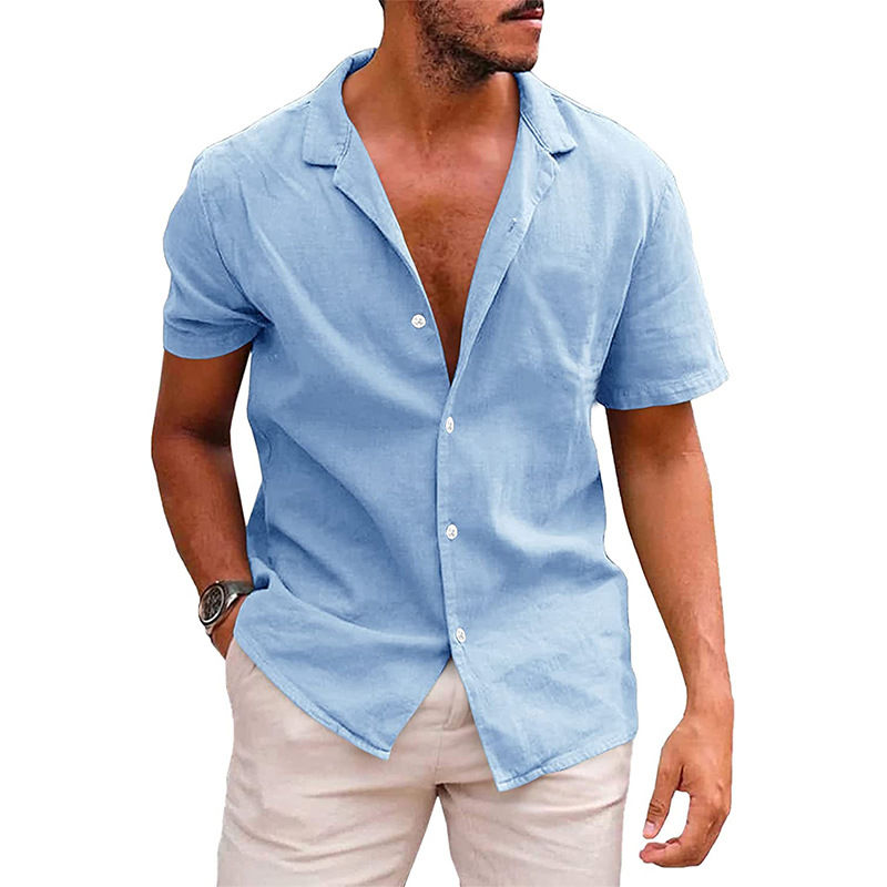 Men Cotton Linen Shirts Lapel Collar V-neck Short Sleeve Men's Summer Cardigan T