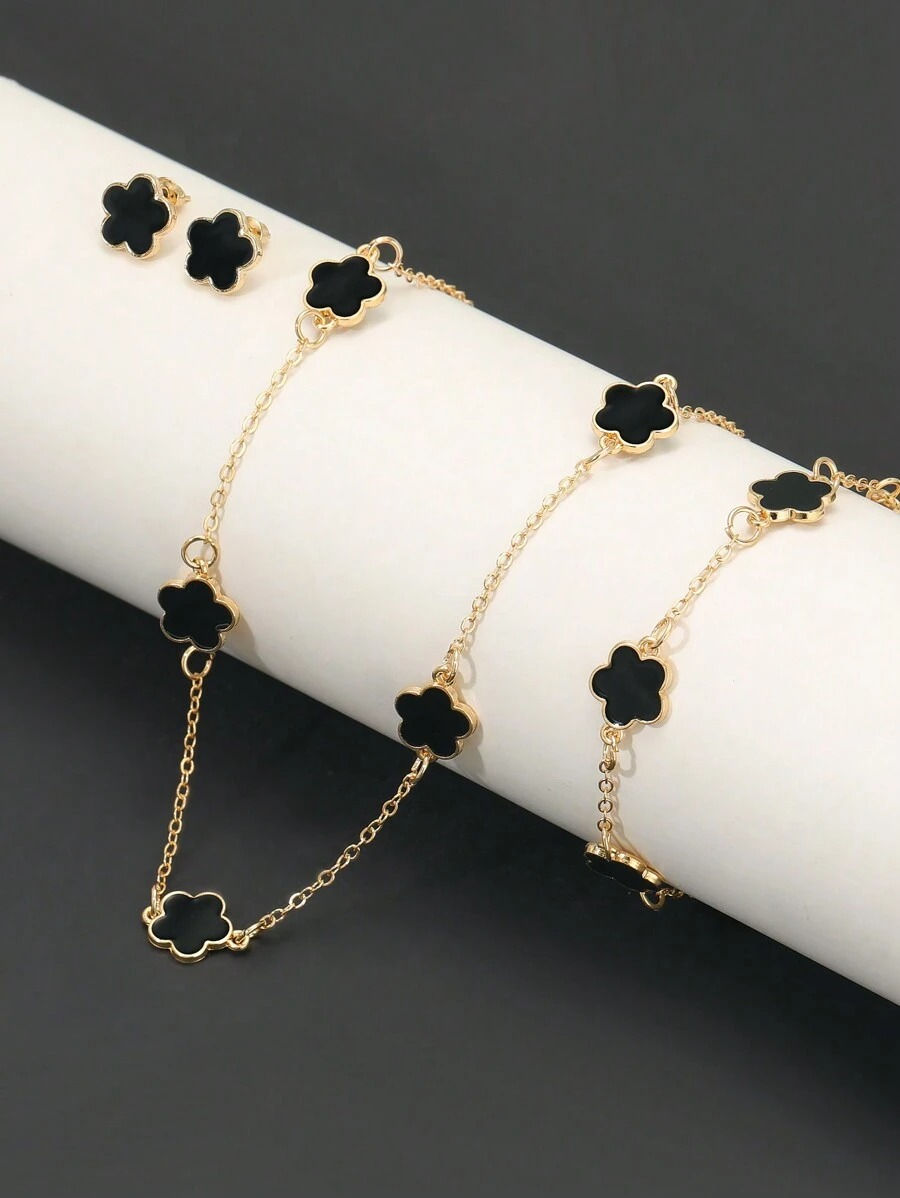 4 Pieces Five-Leaf Grass Jewelry Set Ladies Retro Style Drop Oil Lucky Flower Ne