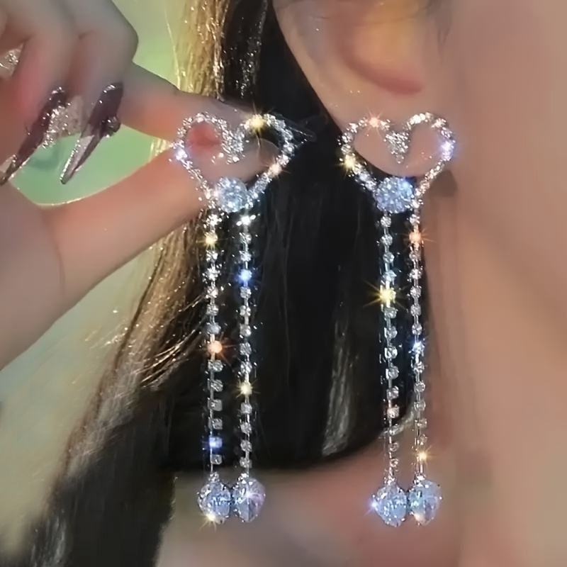 Silver Plating Sweet Heart Long Earrings | Super Sparkling Easy Hollow Heart-Sha