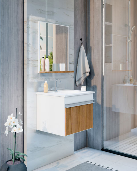 Beleza e Consistência
MDF/MDP revestido em melamínica de alta resistência a risco e a
desplacamento, com Fita nas bordas em PVC. Proporcionando maior
resistência a umidade e a produtos de limpeza.
Acompanha o Lavatório de Mármore Sintético;
Os Gabinetes já saem com a furação para torneira e para válvula e com puxadores cromados.
Dobradiças mais resistentes de 35mm dando mais segurança ao produto. Corrediças telescópicas nas gavetas dando mais segurança e
capacidade de peso como também mais abertura com trava para evitar a queda da gaveta.
Padrão de Cores: Branco; Frassino; Suede; Preto; Nice.
Medidas:
Gabinete -
Comprimento: 42,6 cm; Largura: 28,5 cm;
Altura: 40 cm.
Espelheira -
Comprimento: 39,5 cm;
Largura: 1,5 cm;
Altura: 47,8 cm.