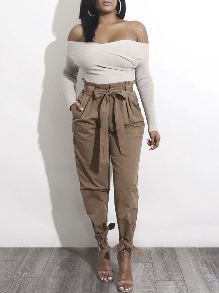 Thumbnail: Fashion Belted Ankle Tie High Waist Pants