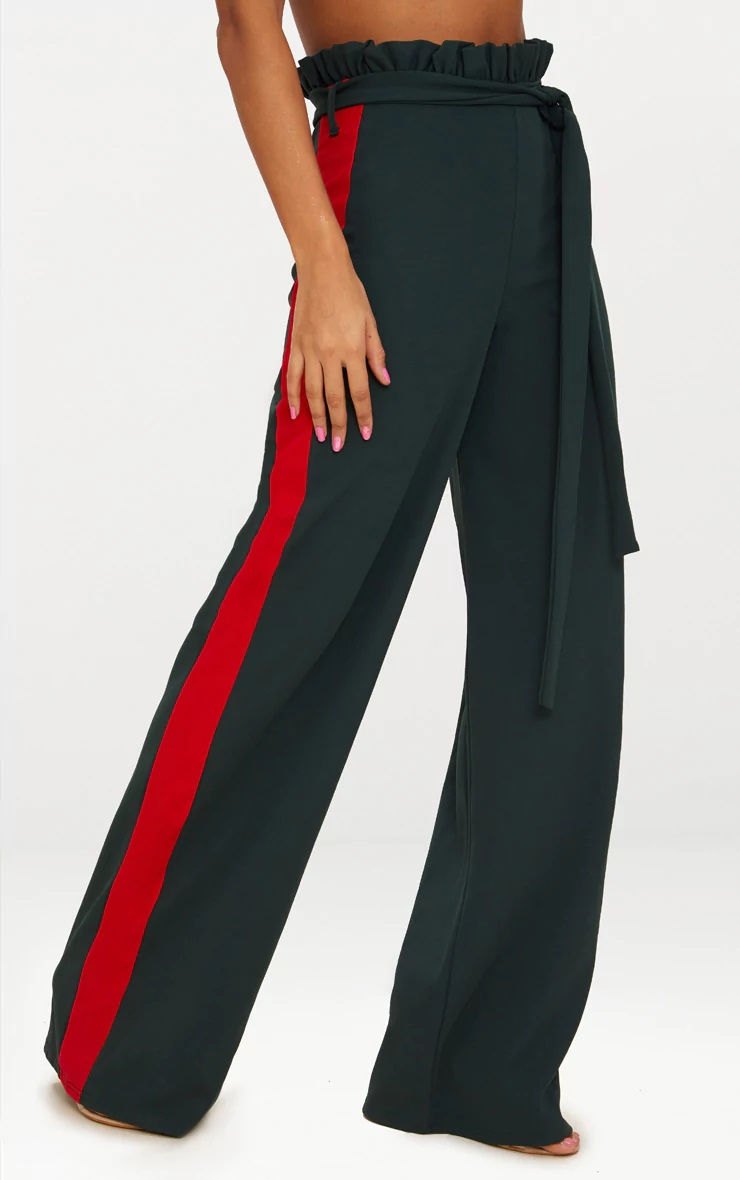 Thumbnail: FOREST GREEN CONTRAST STRIPE TIE WAIST TROUSERS
