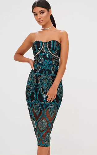 green emerald velvet dress Lotte Embroidered Midi Dress main image 1