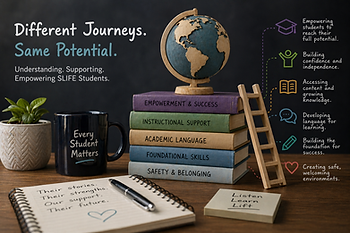 Stack of books with globe, ladder, and mug reading "Every Student Matters." Notebook with heart drawing and inspirational text in background.
