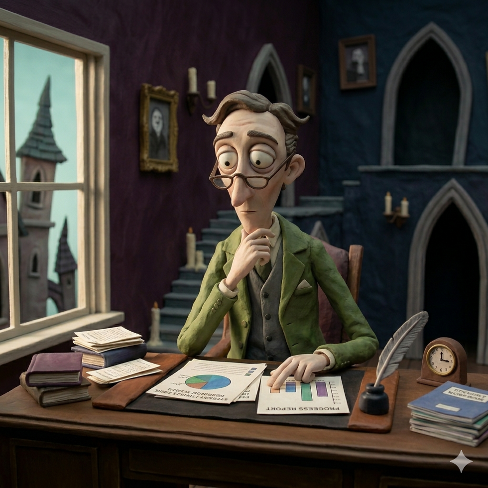 Pensive man with glasses studies charts at a desk in a gothic room; papers, books, quill, and a clock, with PROCESS REPORT visible.