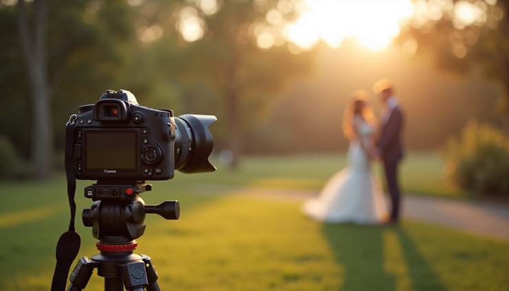 Eye-level view of a photographer’s camera setup on a tripod at a wedding venue
