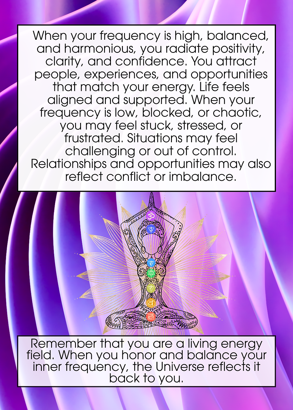 Text on energy, frequency, and vibration. Discusses relationship between energy, chakras, and emotions. Background features abstract design.