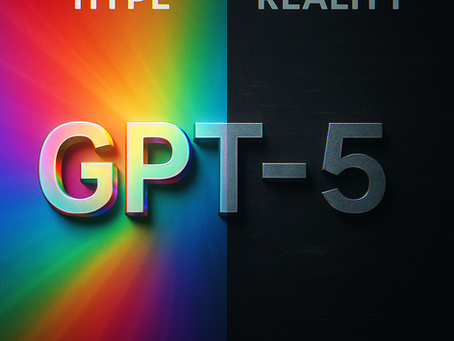Colorful GPT-5 logo with rainbow gradient on the left fading into dark background, symbolizing the contrast between AI hype and reality.