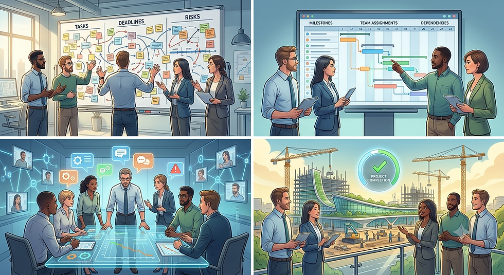 A four-panel illustration illustrating project execution stages: top-left shows a team planning at a whiteboard with sticky notes; top-right shows colleagues reviewing a Gantt chart on a digital display; bottom-left shows a group in a collaborative meeting room; bottom-right shows team members overlooking a completed modern building project.