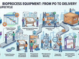 An illustrated flowchart titled "Bioprocess Equipment: From PO to Delivery" showing eight project lifecycle stages: Project Kick-off, Planning & Schedule, Engineering Coordination, Procurement, Manufacturing, Inspection & Testing, Documentation, and Packing & Delivery to a biopharmaceuticals client.