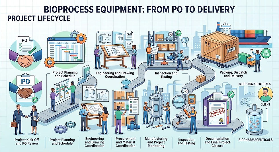 Infographic mapping the bioprocess equipment lifecycle across 8 stages, from initial purchase order kick-off to final equipment delivery and client handover.