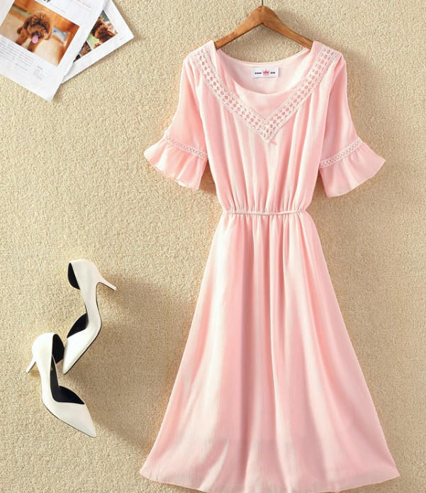 Thumbnail: Thin Waist Lace Summer Chiffon Dress