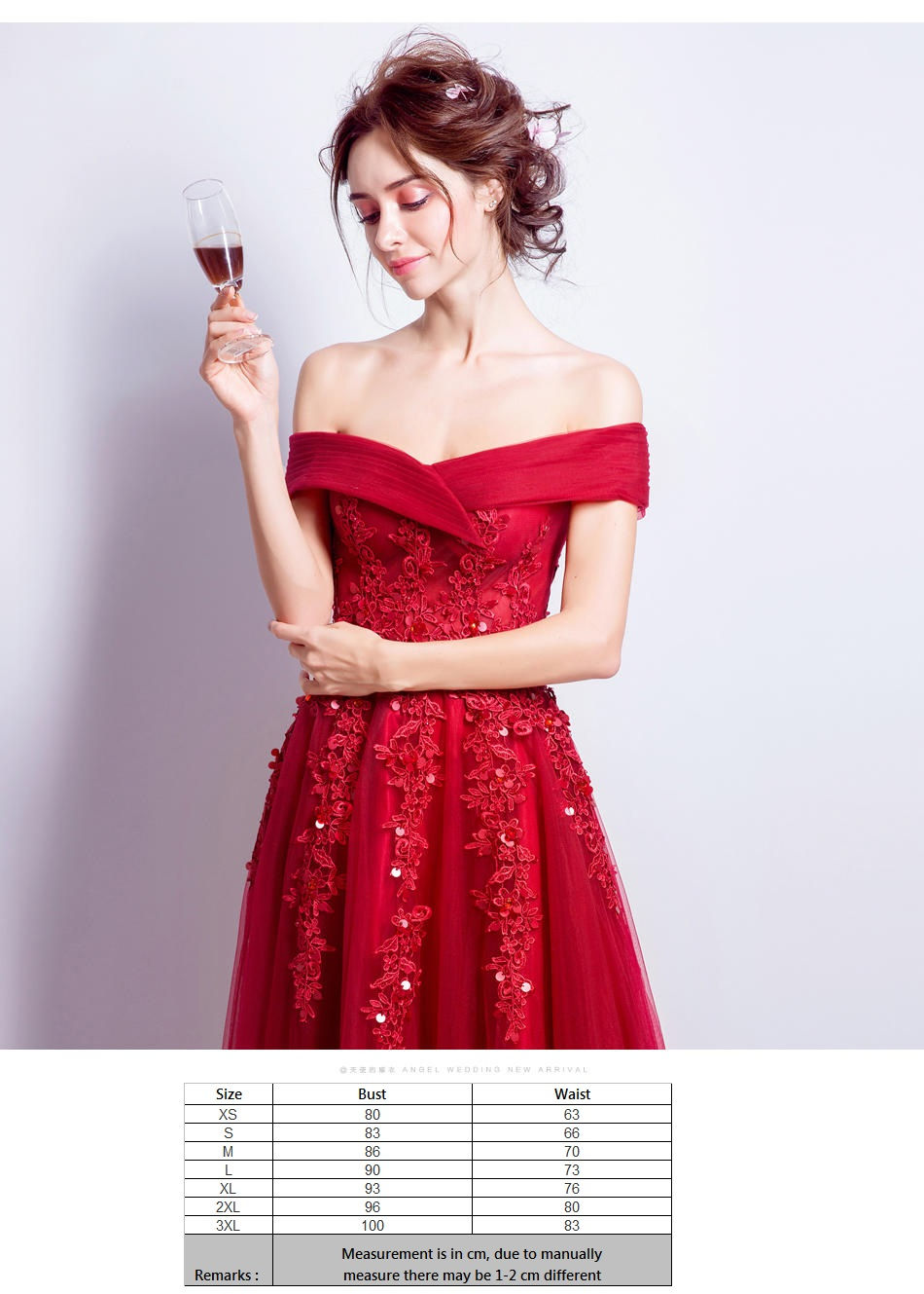 Thumbnail: Red Lace Beading Word Shoulder Off Dress