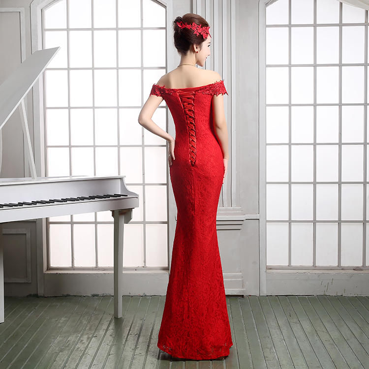 Thumbnail: Korean Word shoulder Slim Red Fishtail Wedding Dress