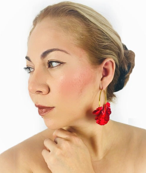 Thumbnail: AL&M Large Hoop Stainless Steel Gold Red Petals Earrings