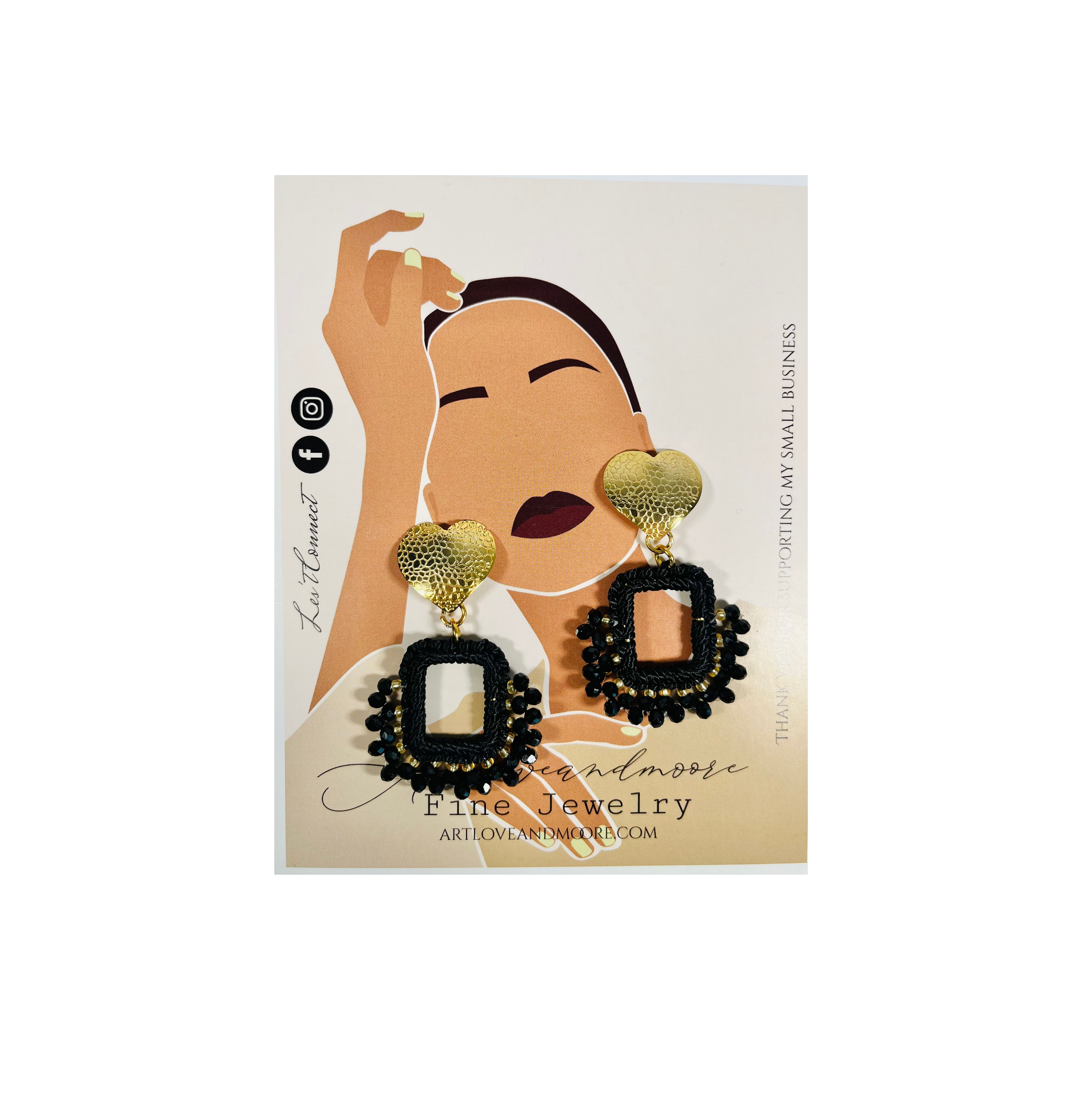 AL&M Pendiente de Cristal Cuadrado/Corazón/Oro (Negro) Crochet