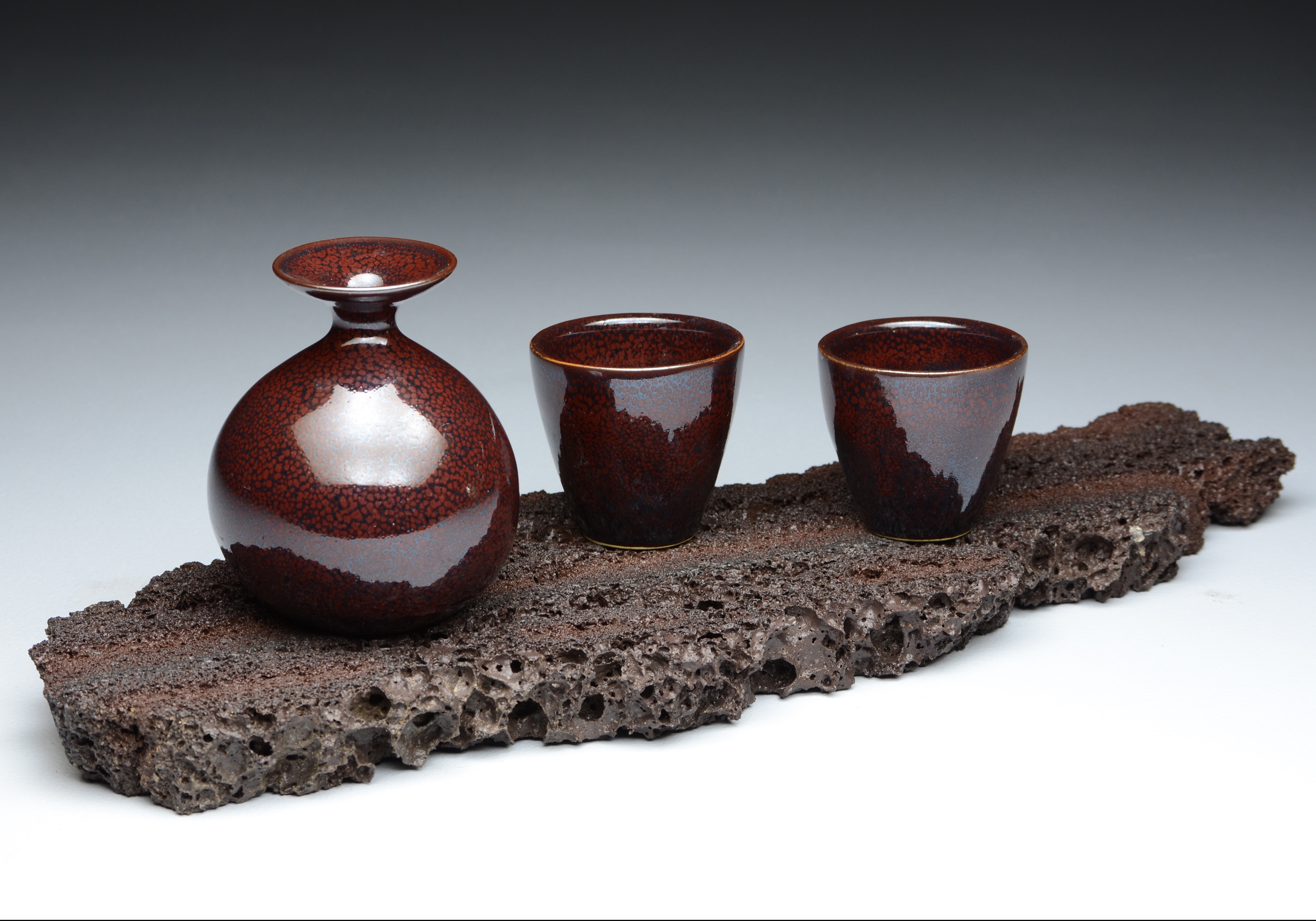 Lava Oilspot Sake Set, Basalt Stand