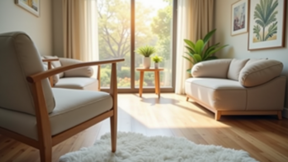 Close-up view of a serene therapy room with comfortable seating