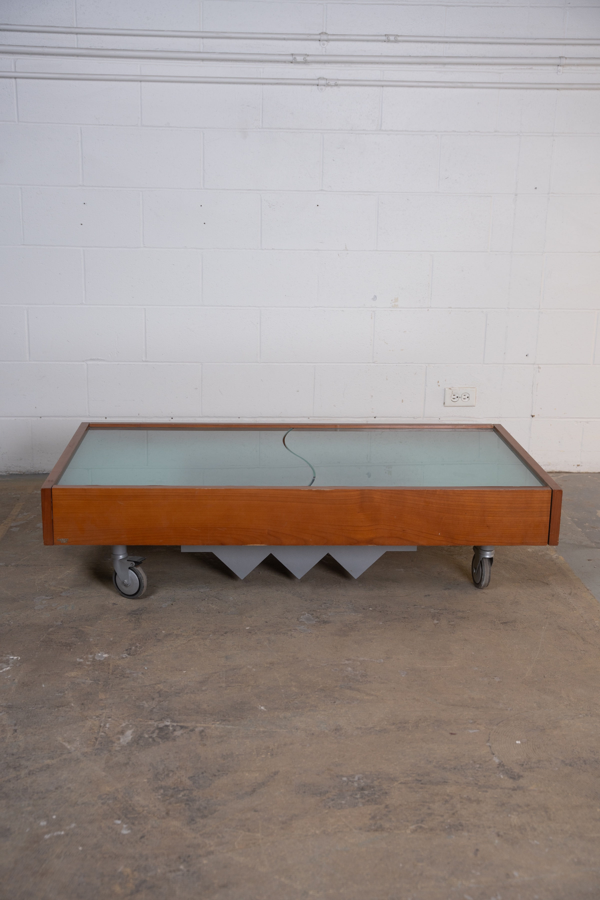 Low Wood Glass Coffee Table on Wheels