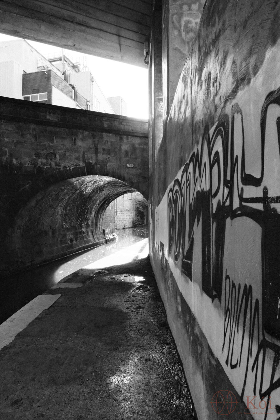 Black and white photograph of graffiti on a wall next to the Macclesfield canal.
Image by David Turner - Protected by Copyright Law - All Rights Reserved