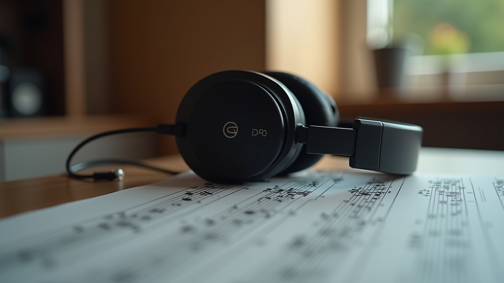 Vue rapprochée d’un casque audio posé sur une table avec des notes de musique