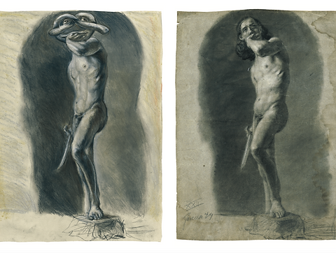 THE PRETZELMEN AS YOUNG MEN IN A DRAWING BY J. HARDTMANN, 1943/2018