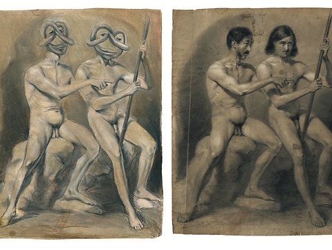TWO PRETZELMEN AS YOUNG MEN IN A DRAWING BY J. HARDTMANN, 1943/2018