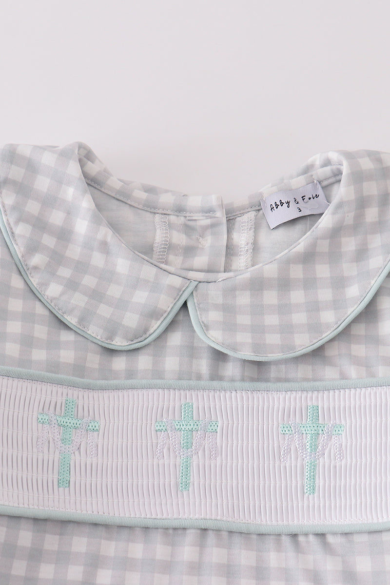 Thumbnail: Sage & Grey Gingham Jesus Cross embroidery smocked boy shirt and short set