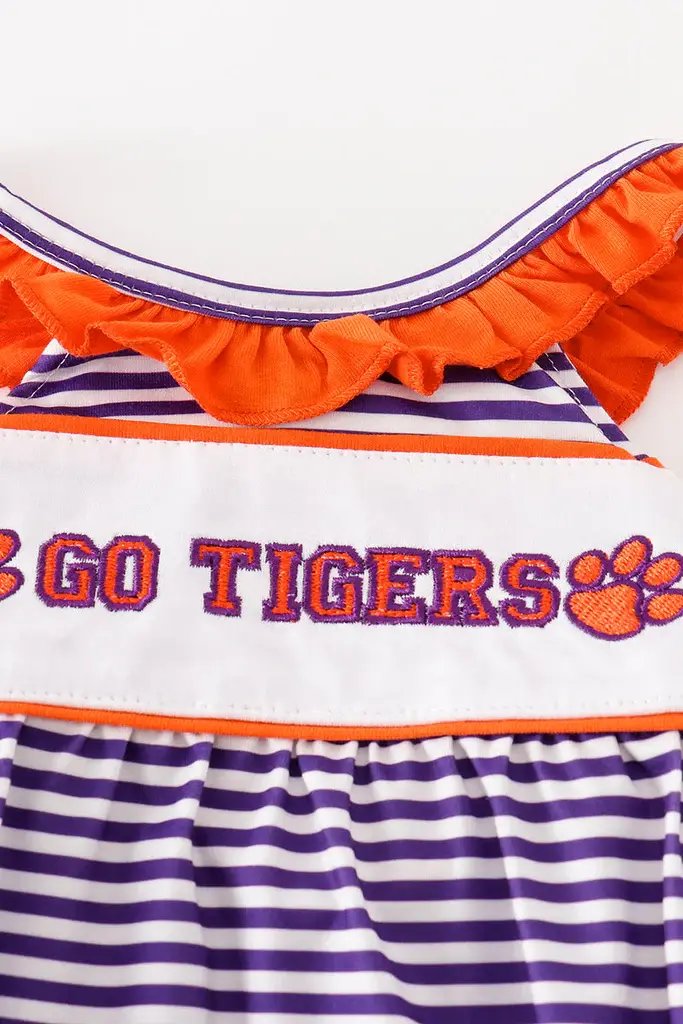 purple and orange go tigers Clemson University girls bubble  Smock & Key | Clemson Gameday outfits for baby girls