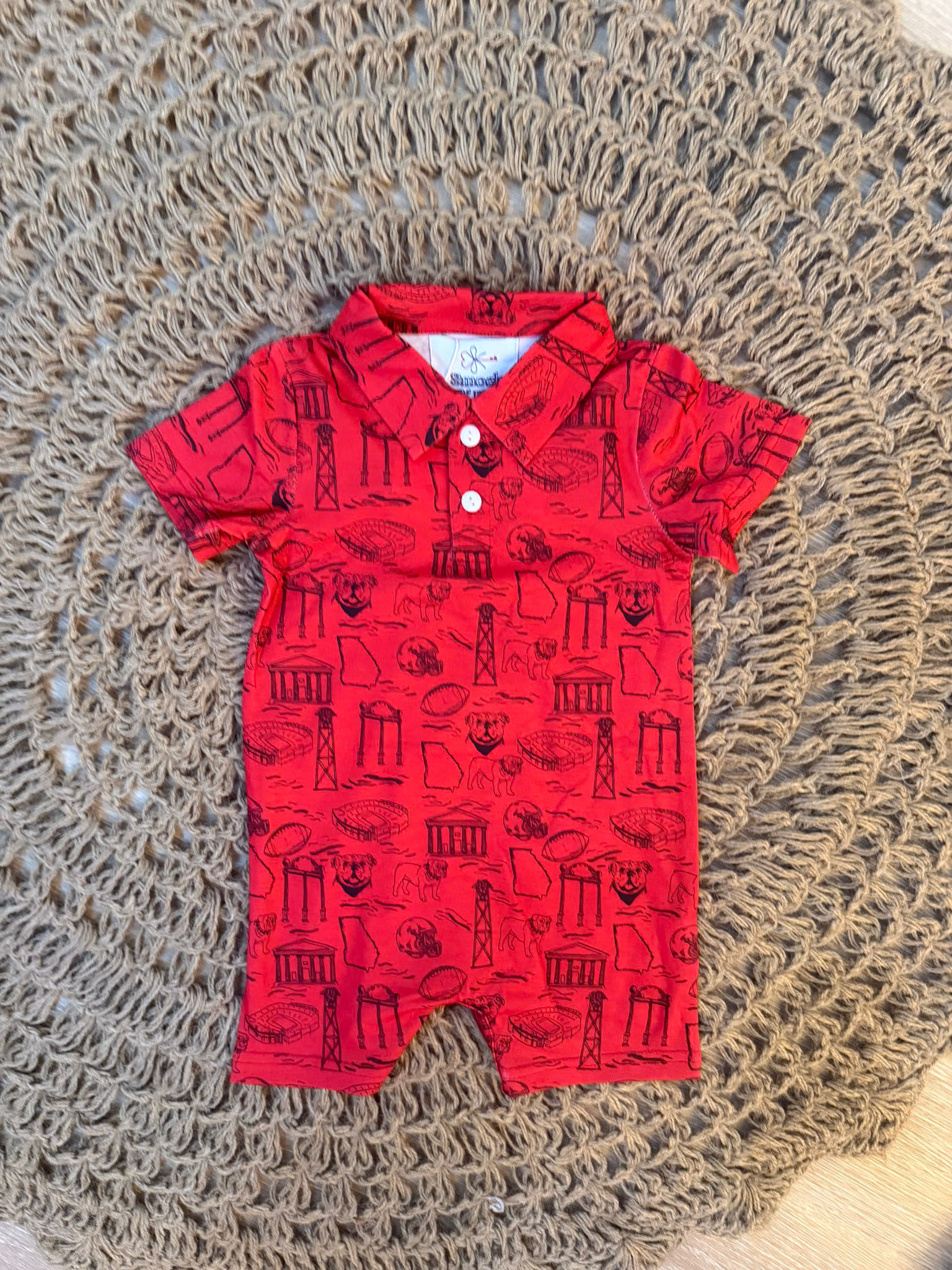 Gameday Georgia Red and Black Toile Classic Fabric - Boy Polo Romper