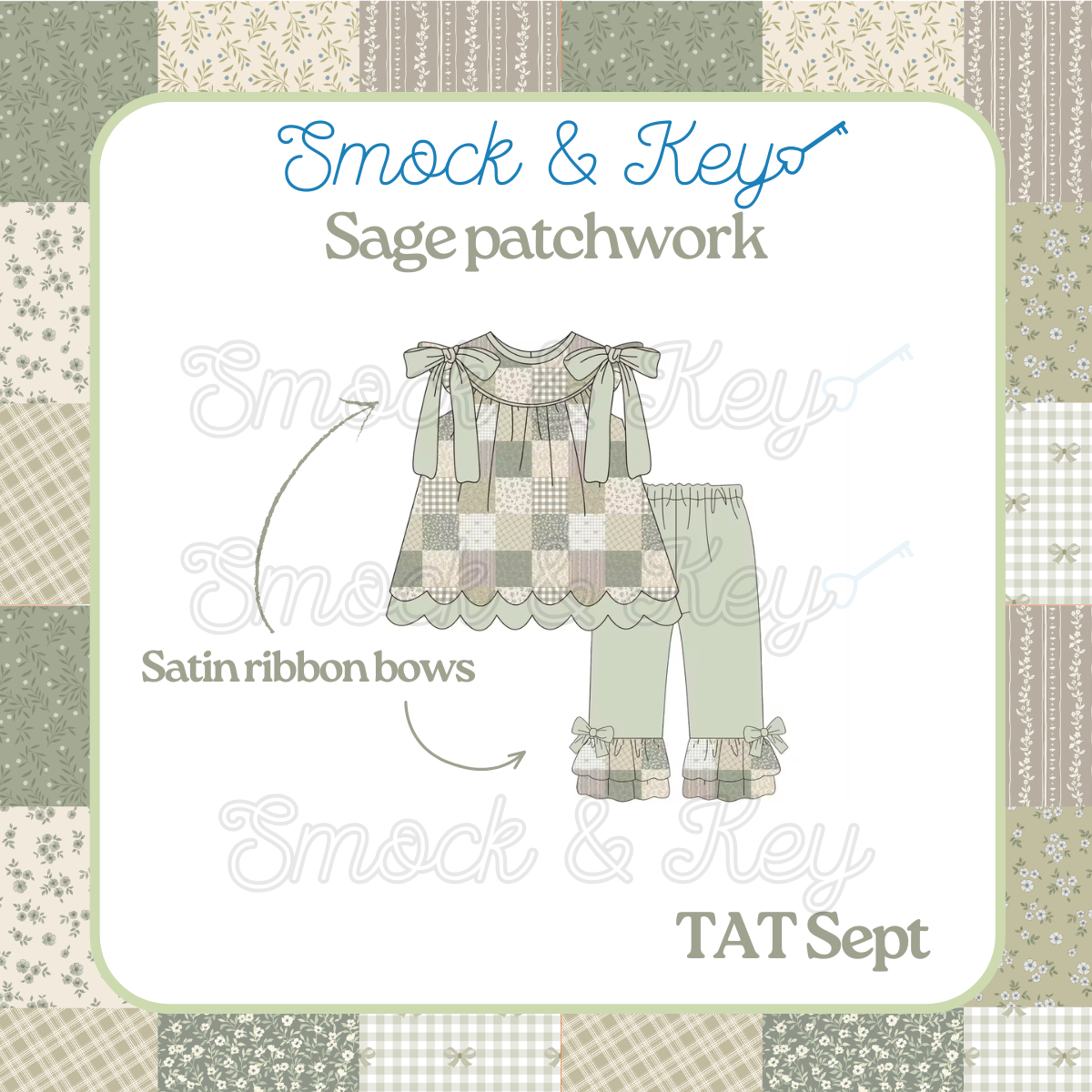 PREORDER - Sage (exclusive fabric) patchwork pants set with satin ribbons