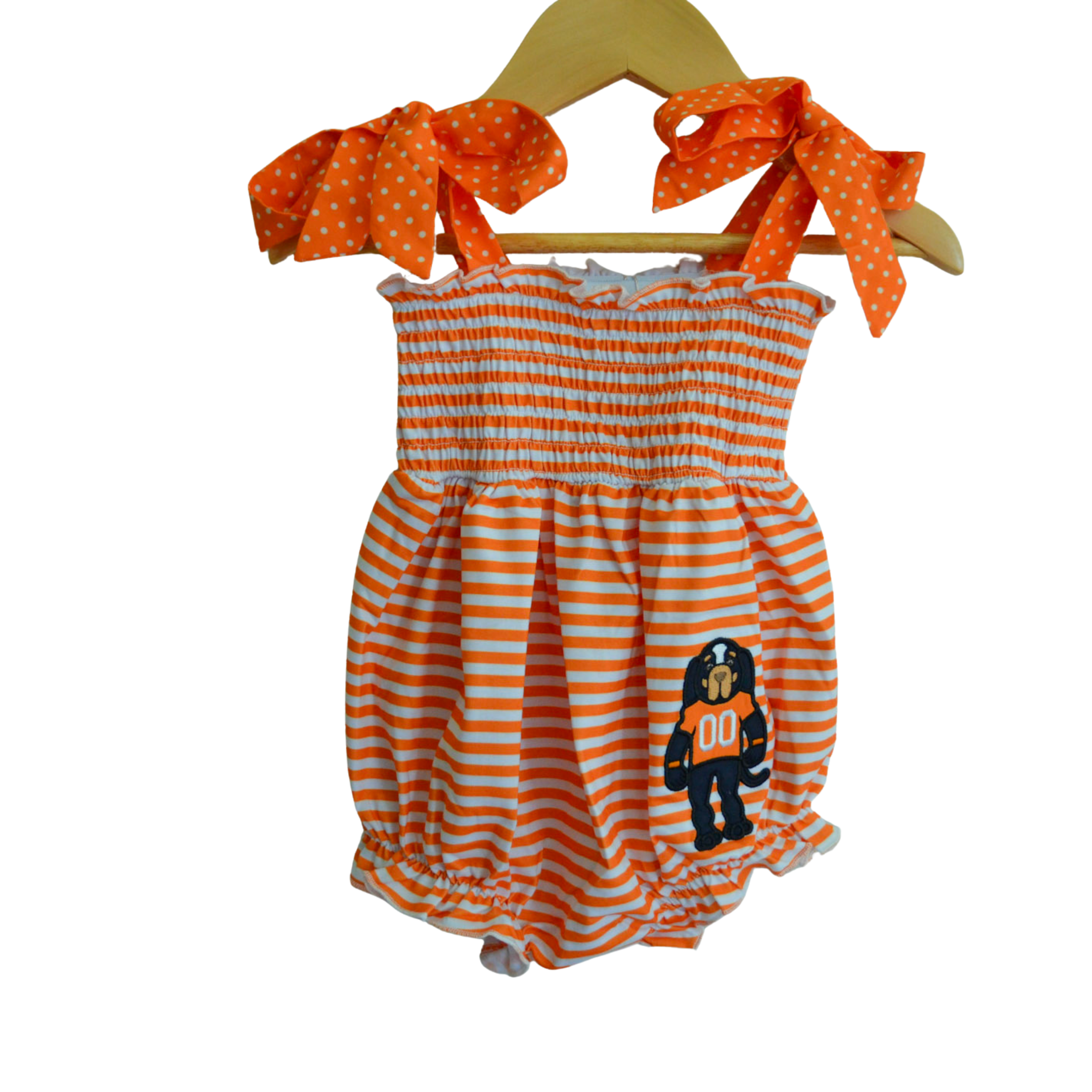 Tennessee Orange and White Stripe Applique Girl Smokey Mascot Tie Straps Bubble vols volunteer smocks tennessee boutique