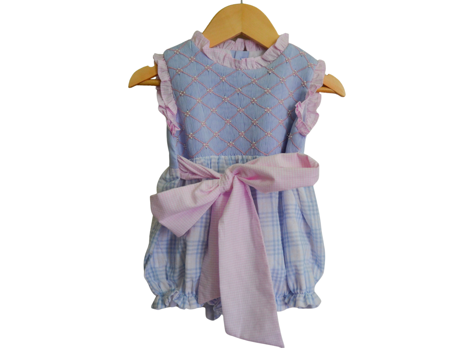 Hand Smocked Pearls - Purple and Pink Plaid Bubble girl bubble boutique pearl smocks spring bubble tie in front heirloom