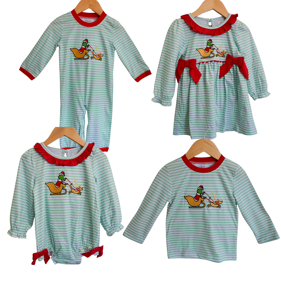 Thumbnail: Grouchy Sleigh Ride - Christmas embroidered grouch & puppy - Unisex/ Boy Romper