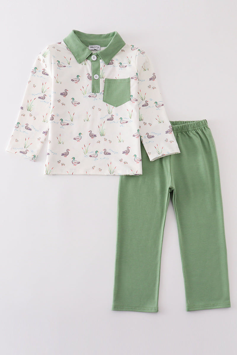 sage duck collared shirt print boys long sleeve pants set | Smock & Key children's boutique Greenville SC
