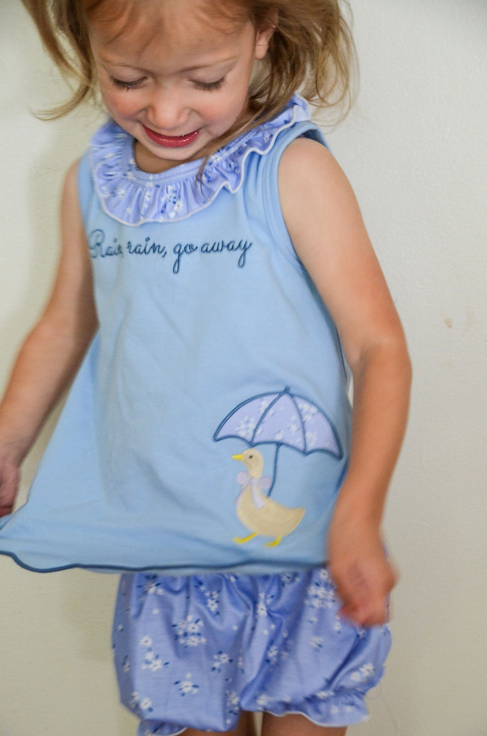 Thumbnail: Rain, Rain Go Away Floral Umbrella Goose Applique Girl Diaper Set