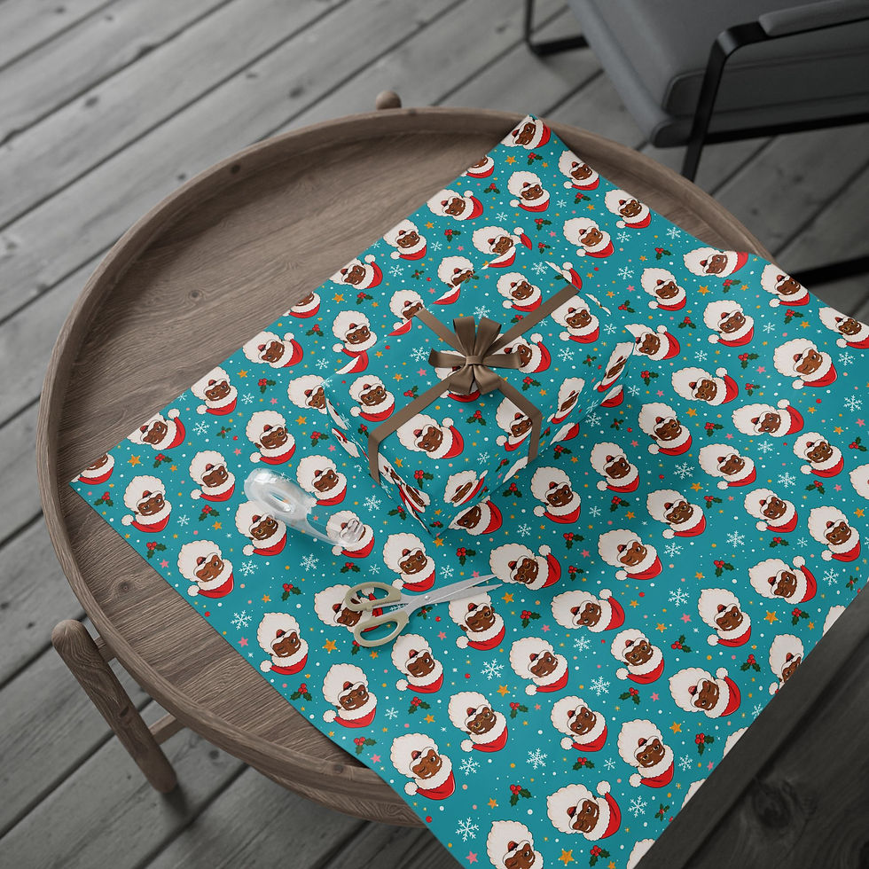 Thumbnail: Smiling Black Santa Wrapping Paper — Teal Holiday Gift Wrap with Snowflakes
