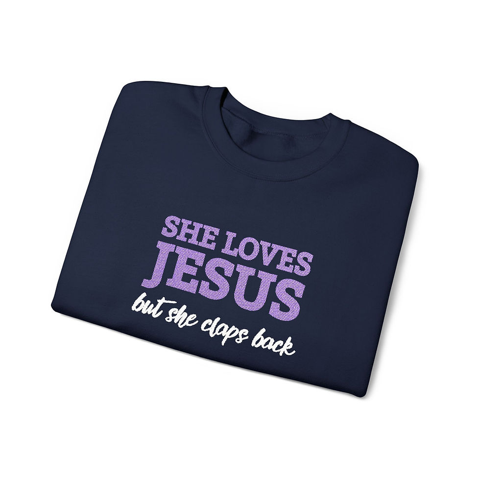 Thumbnail: She Loves Jesus But She Claps Back Embroidered Christian Sweatshirt