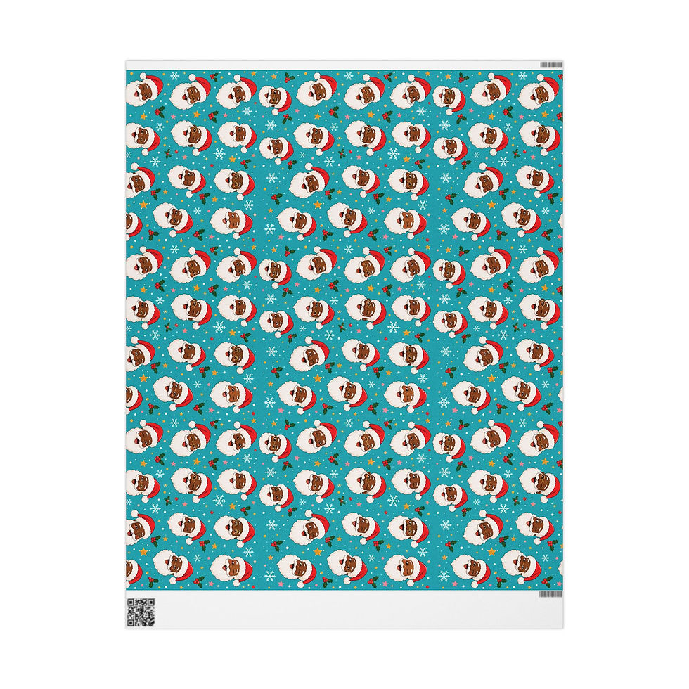 Thumbnail: Smiling Black Santa Wrapping Paper — Teal Holiday Gift Wrap with Snowflakes