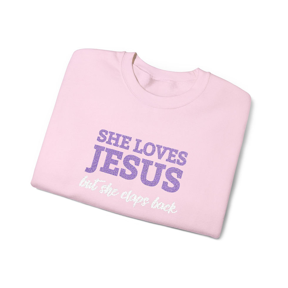 Thumbnail: She Loves Jesus But She Claps Back Embroidered Christian Sweatshirt