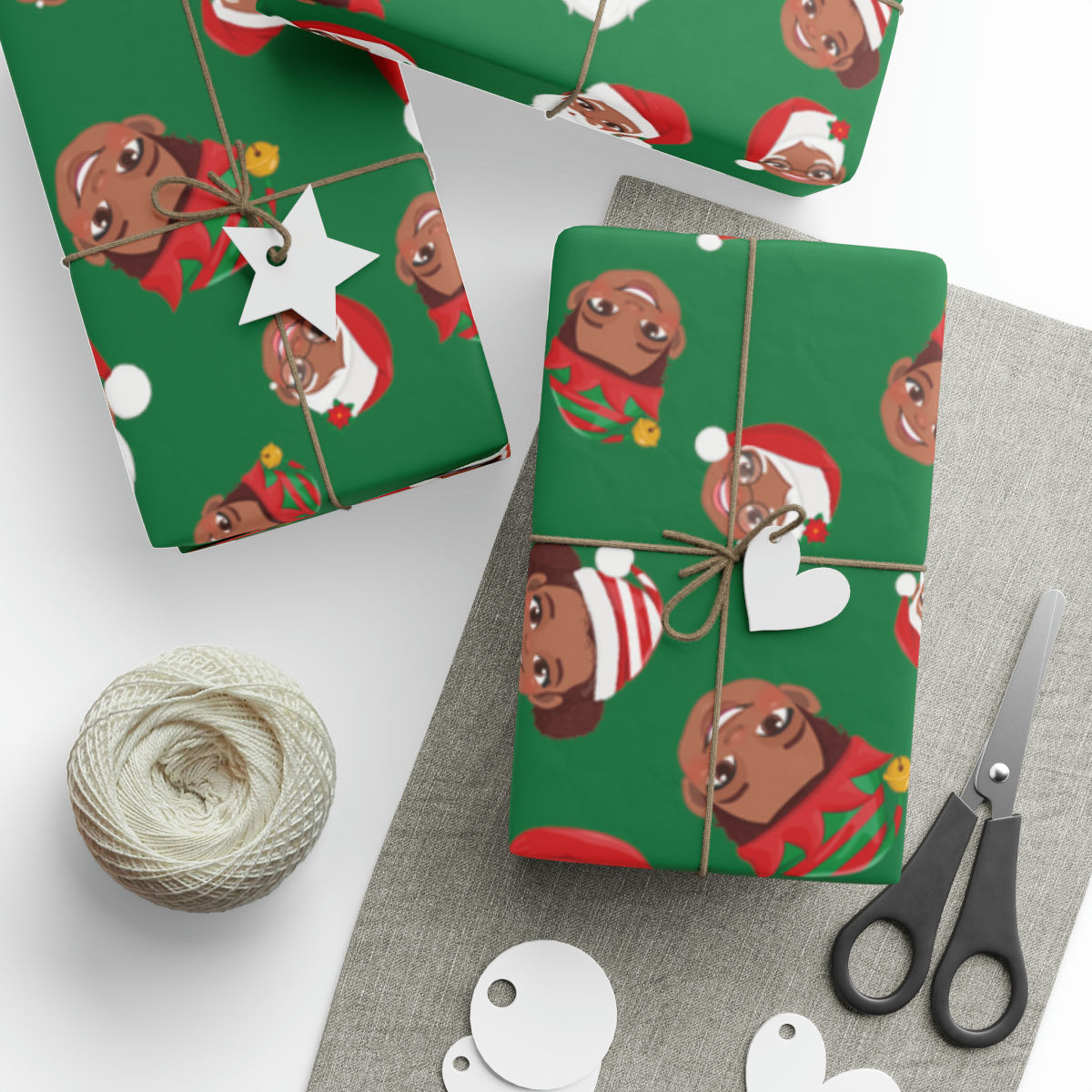 Santa, Mrs, & Kids Christmas Wrapping Paper - Dark Green