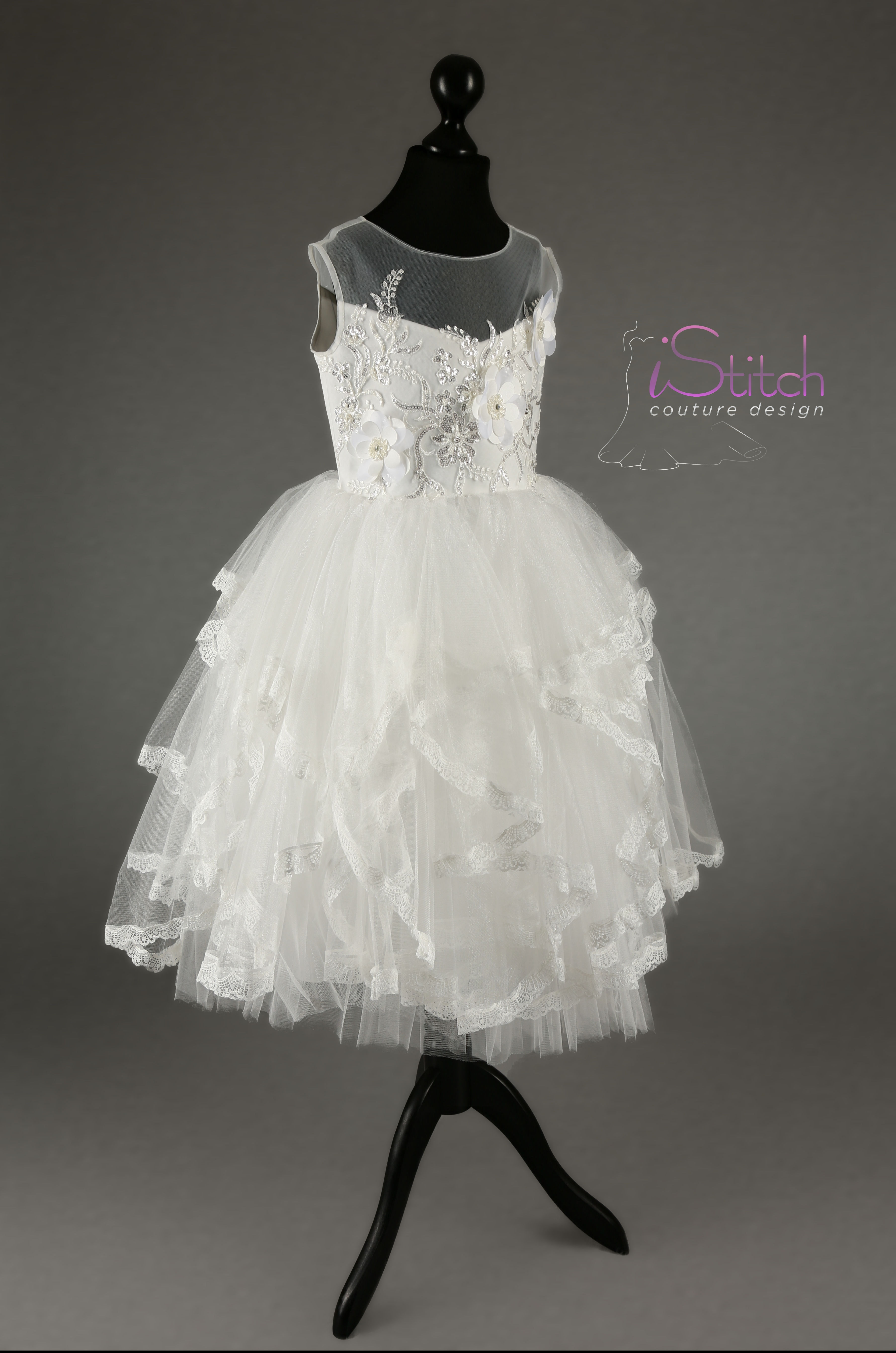 Ivory tulle and lace first communion dress Pearl Ivy with sequin and pearl bodice
