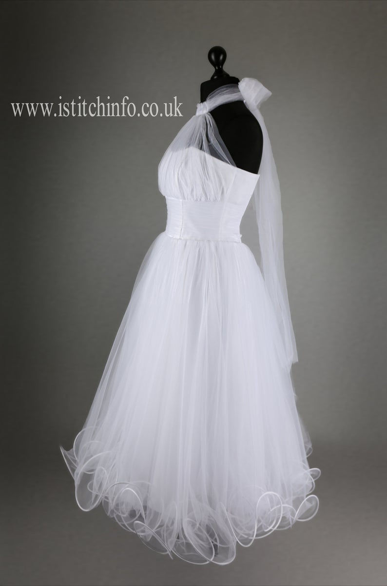 Thumbnail: 'Angel' Tulle and Satin 3/4 Length Wedding Dress - Size 12